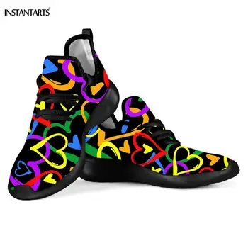 

INSTANTARTS Heart Rainbow Pride Print Woman Man Mesh Knit Sneakers Lightweight Lace Up Running Shoes Outdoor Flying Woven Shoes
