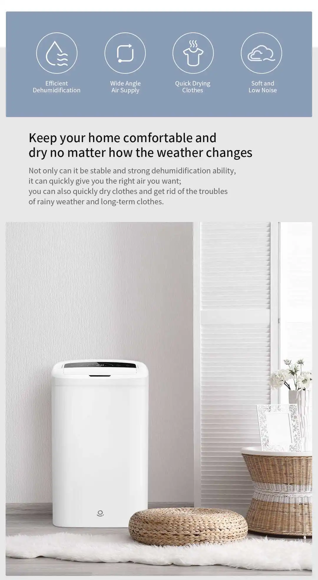 Youpin Rosou 1.8L Multi-functional Air Dehumidifier Dryer Machine with Strong Power Soft and Low Noise for Household