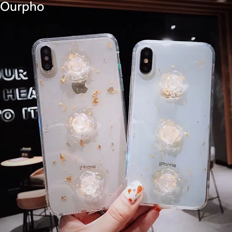 Ourpho эпоксидная Золотая фольга Чехол для мобильного телефона iPhone X XR XS MAX fashion trend rose
