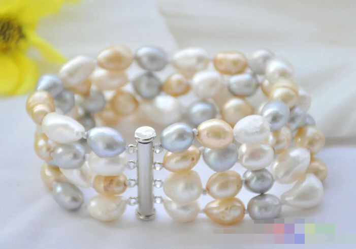

free shipping 12710 4row white gray champagne baroque freshwater pearl bracelet