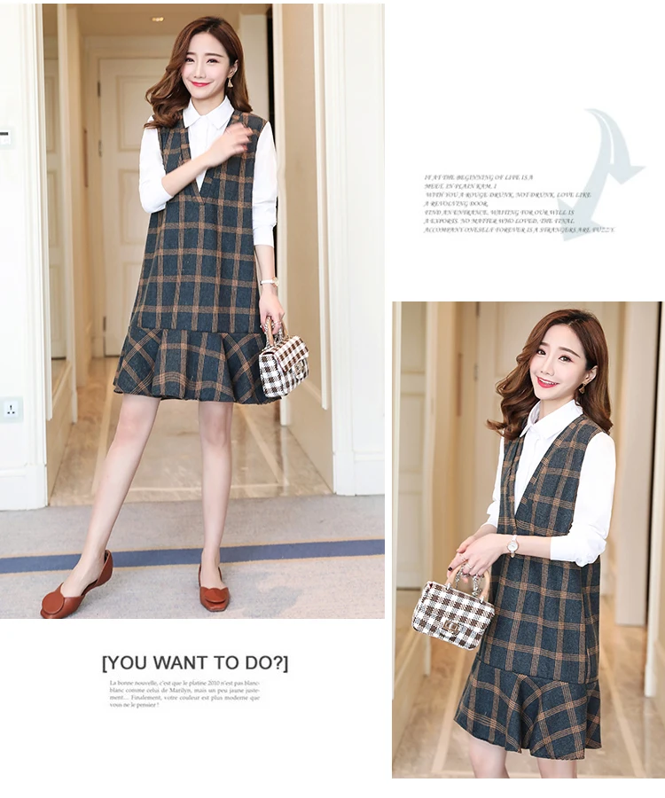 Maternity wear spring plaid stitching shirt collar loose fashion maternity dress women dress Long sleeve Cotton Pregnant Dress