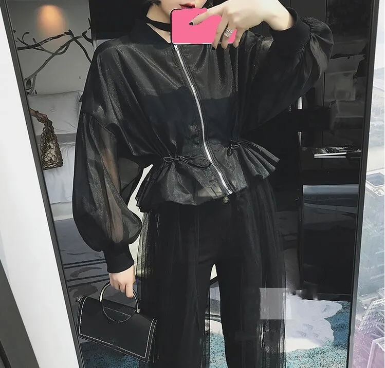 Черный WHITNEY WANG Summer Fashion Streetwear Mesh Skirt Patchwork Jacket Women Stylish Sunscreen Coat - Цвет: Черный