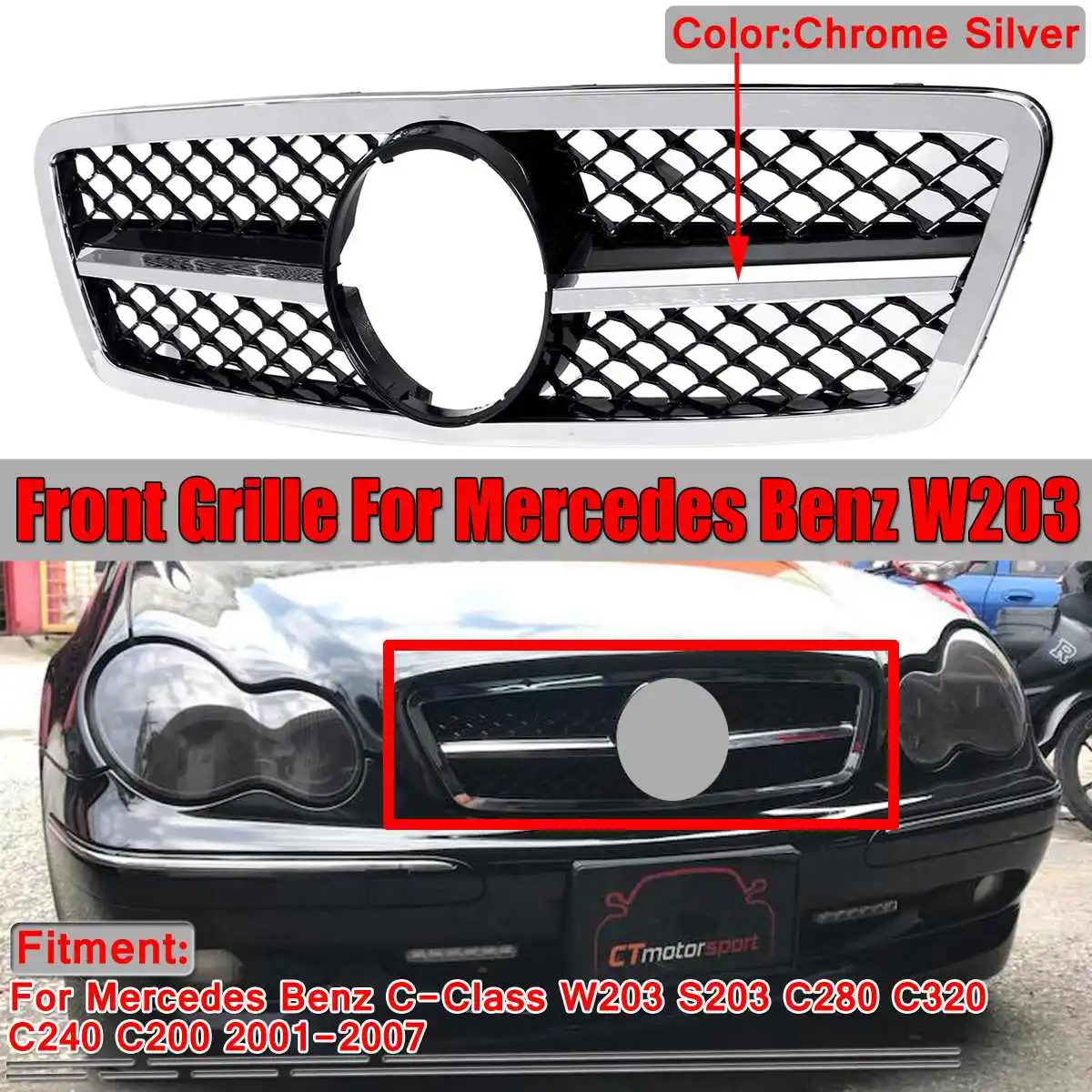 Chrome/Black Car Auto Front Grille Grill For Mercedes For Benz C-Class W203 S203 C280 C320 C240 C200 2001-2007 For AMG Style