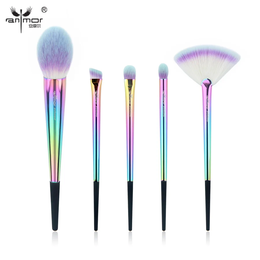 Anmor Rainbow Makeup Brush Set 5 Pieces Makeup Brushes Portable High Quality Travel Kit Soft Synthetic
