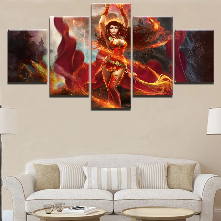 5 Panel DotA 2 Fantasy Fire Flame Goddess Lina Painting Canvas Wall Art Picture Home Decor Living R