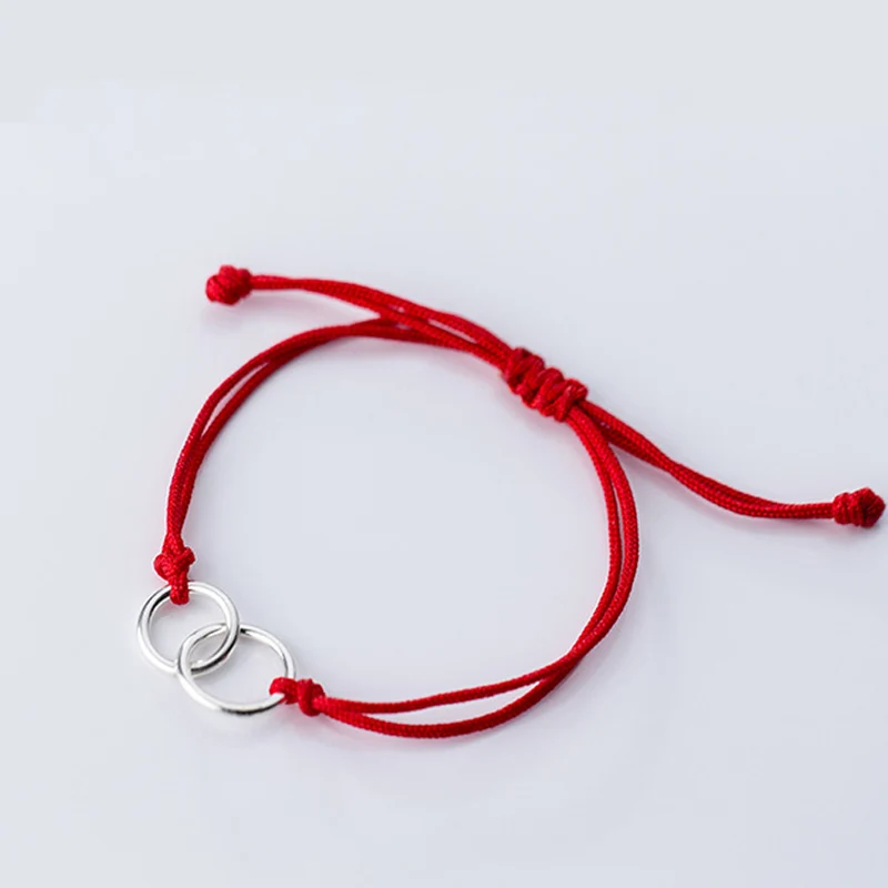 La MaxZa 925 Sterling Silver Double Circle Fashion Couple Bracelets Red Black Line Thread String Rope Bracelets For Women