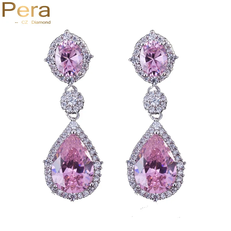 Pera Sparkling Silver Color Pink Cubic Zirconia Crystal Bridal Pera Sparkling Silver Color Pink Cubic Zirconia Crystal Bridal Wedding Long Teardrop Earrings Jewelry For Brides Gift E075 In Drop From