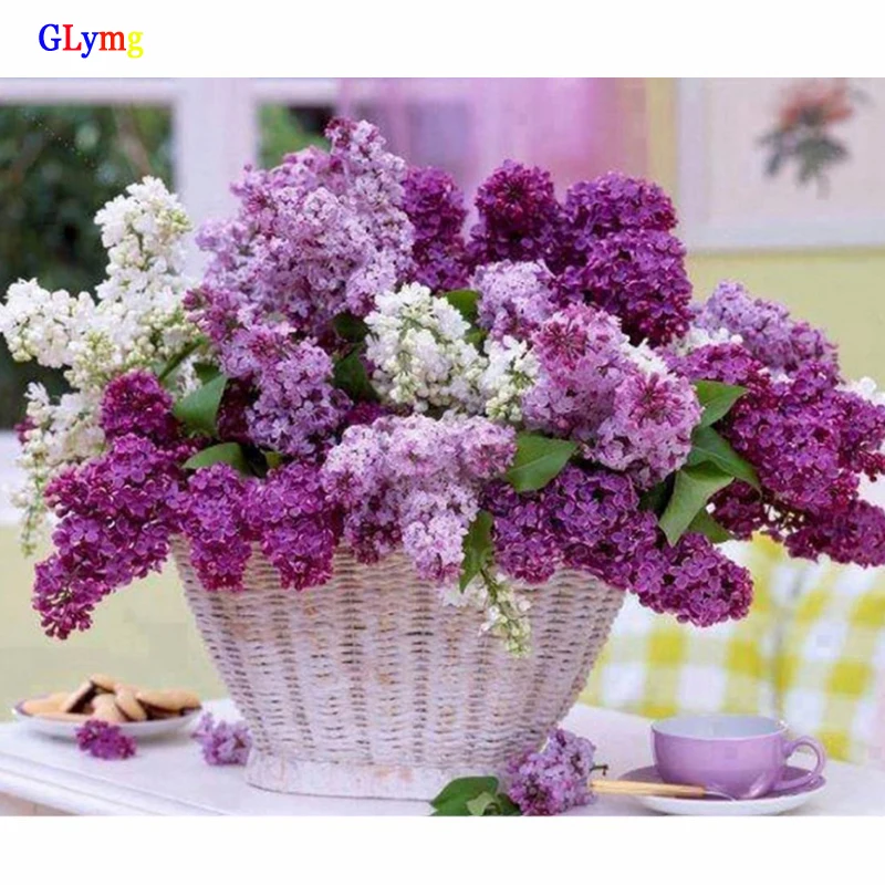 GLymg Diy Embroidery Handicrafts Purple Flower Basket Dining Table Diamond Embroidery Full Square Drill Painting Cross Stitch