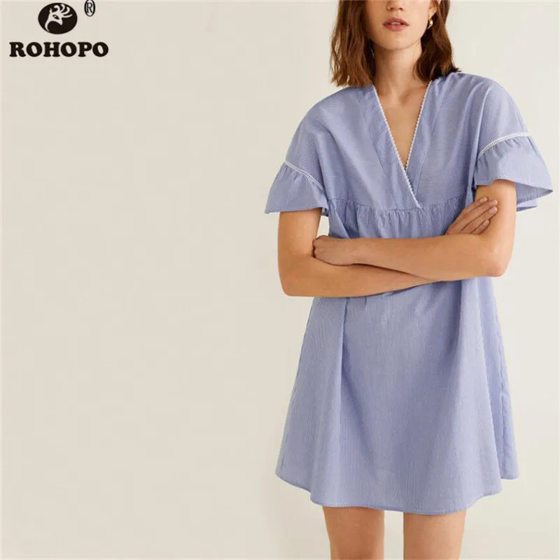 

ROHOPO Women Sky Blue Summer Striped Cotton Dress Butterfly Short Sleeve Lace Neckline Pleated Chic Mini Vestido #HY8672