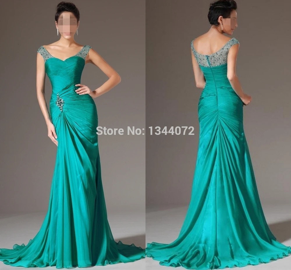 

Green Elegant Mermaid Chiffon Floor Length Formal Evening Dresses Straps V-Neck Crystal Beaded Long Party Prom Dresses