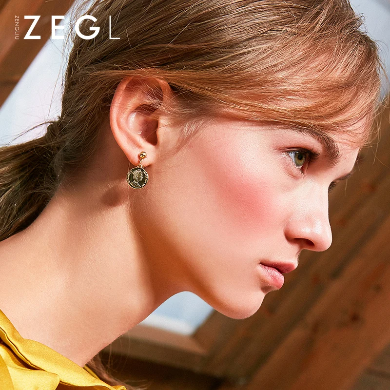 ZEGL Baroque Metal Portrait Coin Earrings for Women Temperament Retro Personality Dark Earrings