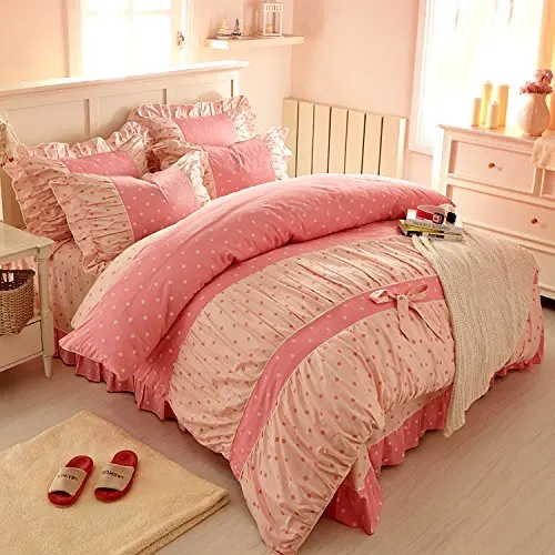 

Sweet Pink Polka Dot Print Fairy Bedding Set,Delicate Korean Ruffed Bed Sheet Set,Modern Girls Princess Bedding
