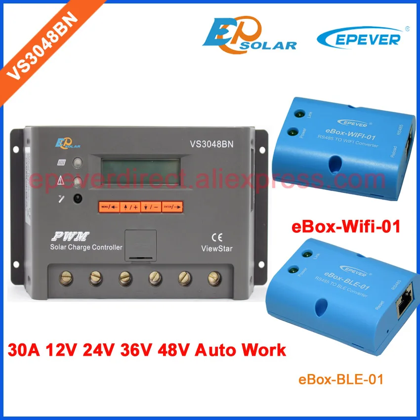 

PWM EPEVER Solar portable controller 30A VS3048BN 12V/24V/36V/48V auto work with ble eBOX and wifi eBOX Mobile Phone APP