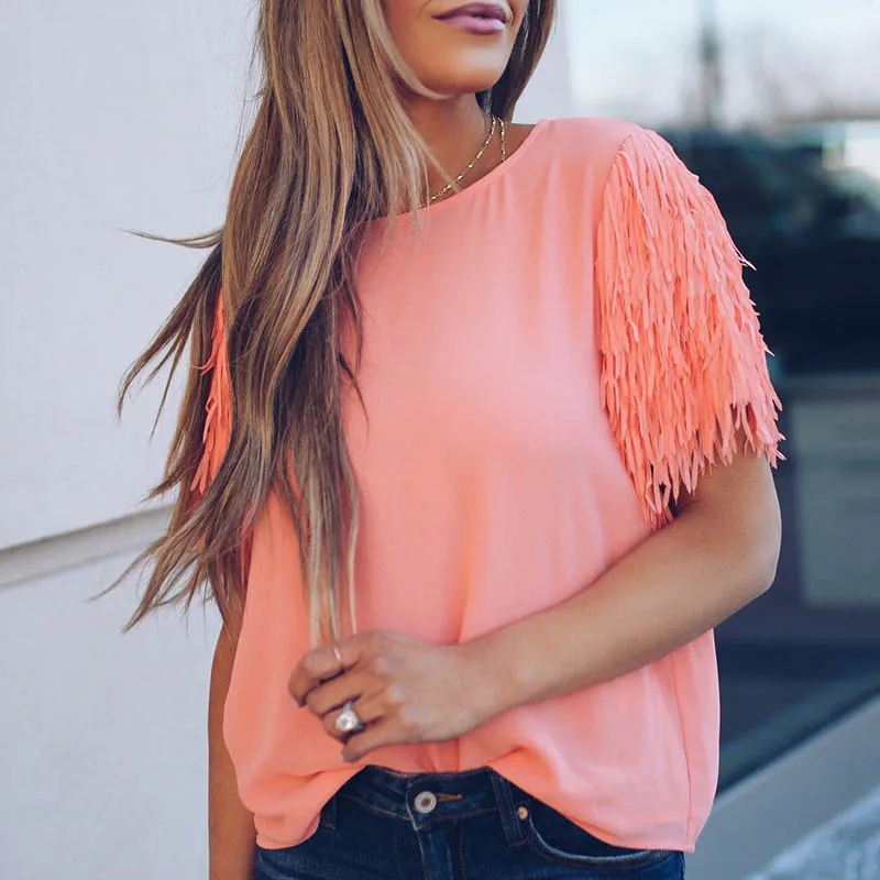 

Women's Tassel Short Sleeve Loose T-shirts Casual Solid O Neck Female Tops Tees 2018 Summer New Fashion Streetwear Tshirt Ladies