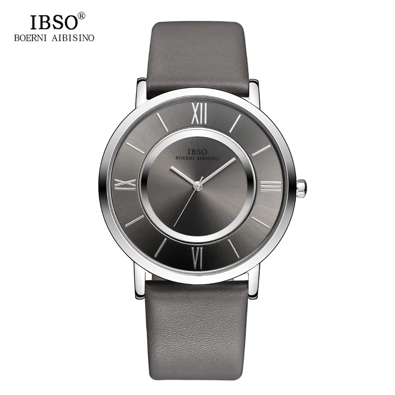 

IBSO 7MM Ultrathin Watch Men 2019 Genuine Leather Strap Gray Fashion Double Dial Clock Male Waterproof Quartz Wristwatch Relogio