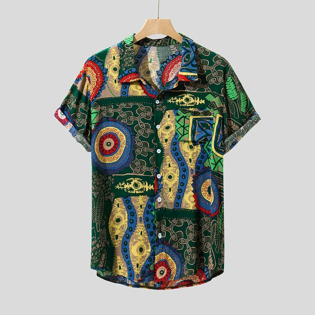 Hot sale New Summer Men Shirts Vintage Ethnic Printed Turn Down Collar Short Sleeve Loose Casual Tops camisas hombre