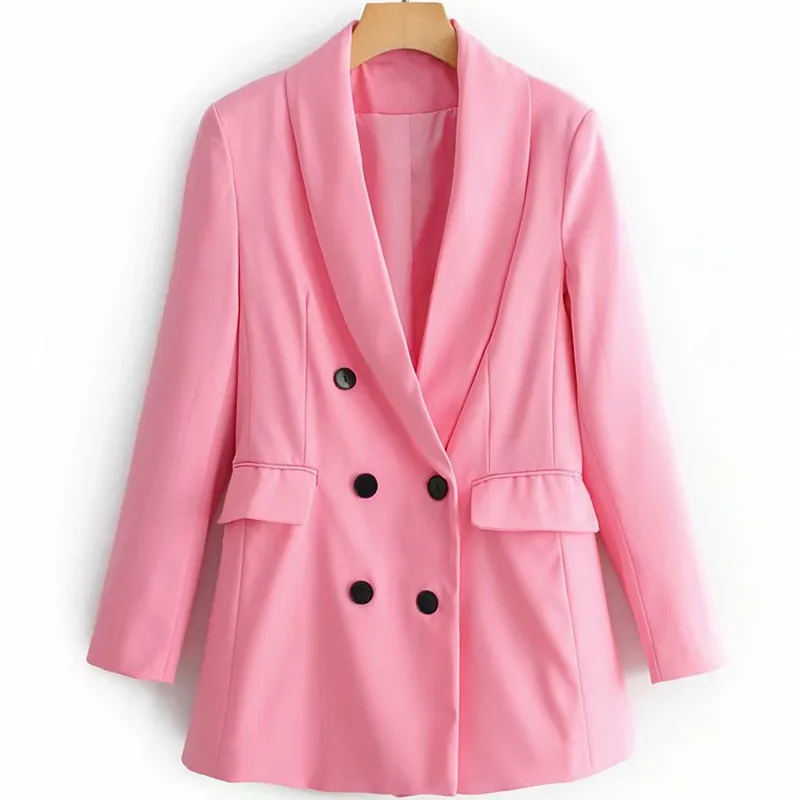 2019 Pink Sexy V Neck Suit Jacket Women Fashion Long Sleeve Double Breasted Suit Women Elegant Pink Jacket Suits