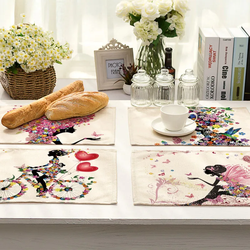 

Flower Butterfly Girl Pattern Placemats Dining Table Mat Tea Coaster Cotton Linen Pads Bowl Cup Mats 42*32cm Home Decor MC0031