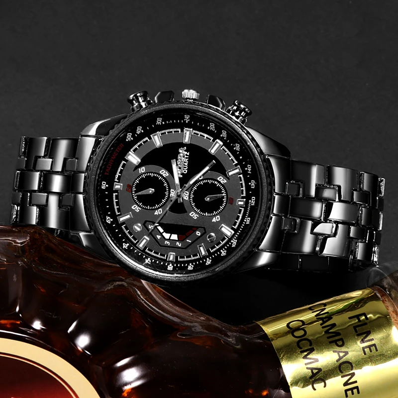 ROSRA Luxury Brand Watches Black Stainless Steel Watches Men Sports Watches Military Wristwatch Relogio Masculino horloge mannen