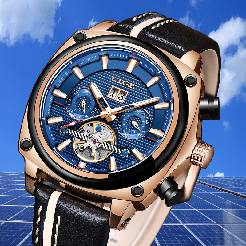 

LIGE Men's Watch Tourbillon Automatic Mechanical Watch Military Sports Stainless Steel Waterproof Date Clock Montre Homme + Box