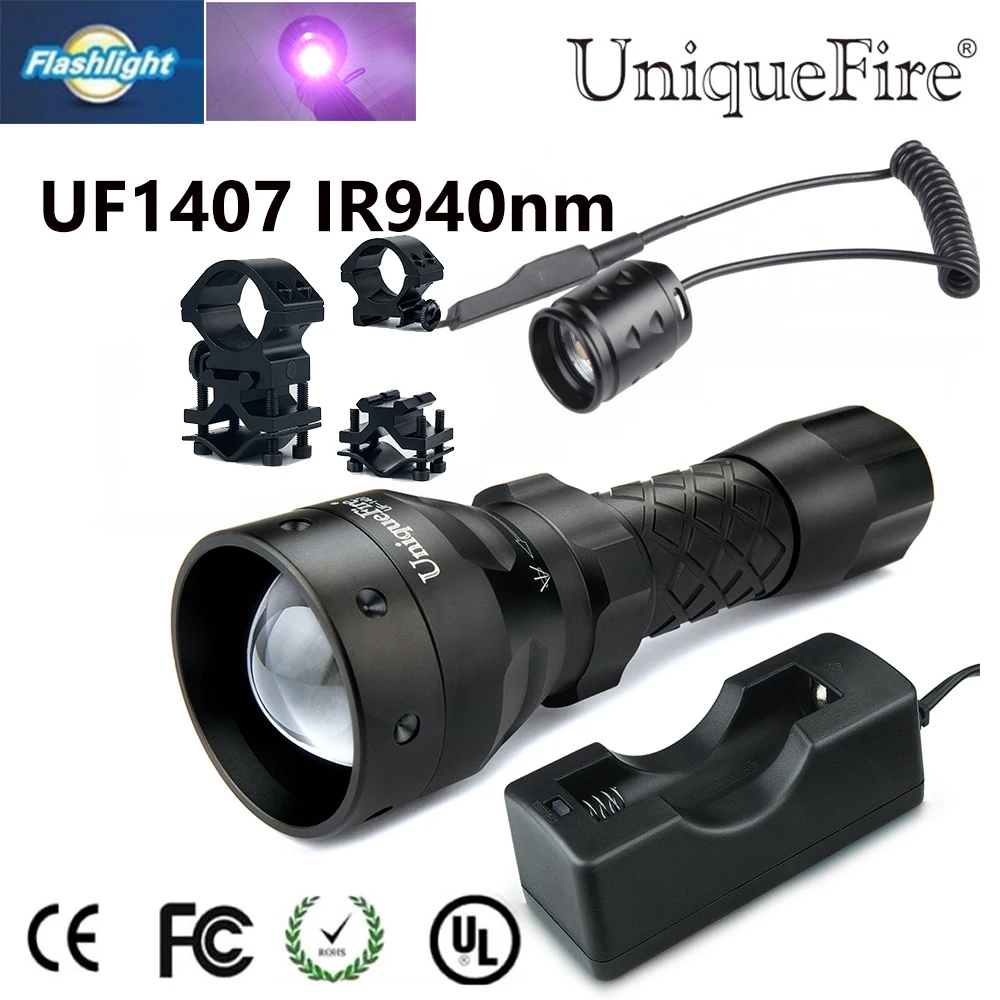 

UniqueFire Hunting Flashlight 1407 IR 940NM 3 Modes Adjustable LED Flashlight 38mm Convex Lens+Charger+Scope Mount+Rat Tail