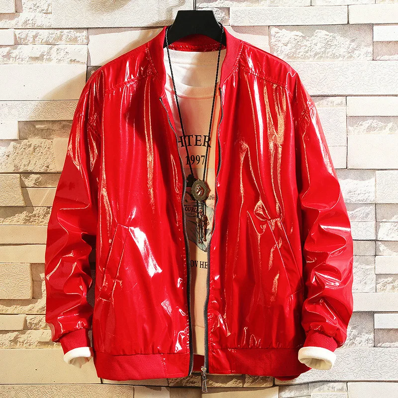 

Spring Mens PU Leather Shinny Motorcycle Jacket Cool Boys Hip-hop Coat Loose Outwear Yifsion