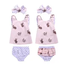 3PCS Set Newborn Toddler Baby Girl Clothes 2017 Summer Sleeveless Rabbit Printed Vest Back Cross Top+Ruffles Shorts Clothing Set