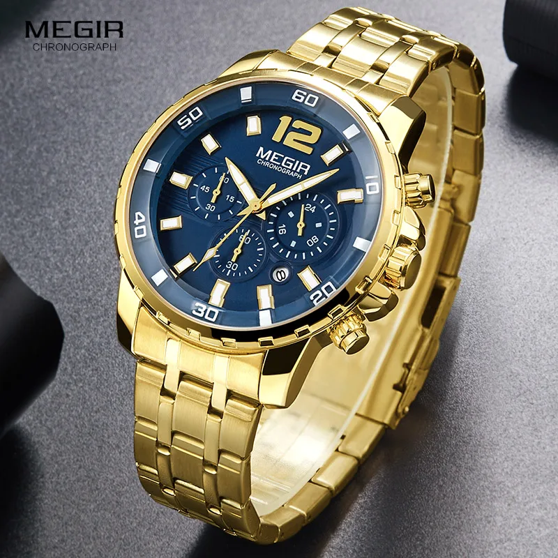 Megir Men's Gold Stainless Steel Quartz Watches Business Chronograph Analgue Wristwatch for Man Waterproof Luminous 2068GGD-2N3 2