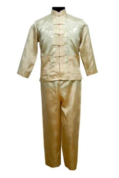

Fashion Gold Satin Wu Shu Uniform Chinese Style Kung Fu Suit Shirt+Pants Sets Size S M L XL XXL M3023