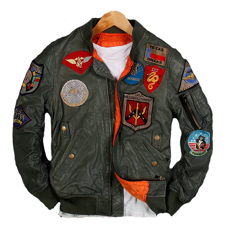 

2016 Men Green Top Leather Pilot Leather Jacket Genuien Sheepskin Men Winter Short Military Coat Plus Size XXXL FREE SHIPPING