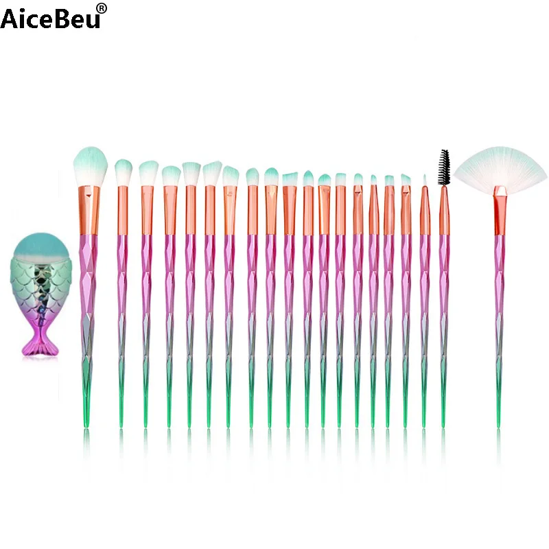 AiceBe 20 шт Алмазная Ручка кисти для макияжа Косметика Тени для век кисть для пудры+ 1 шт. Русалочка большая рыба кисти для основы