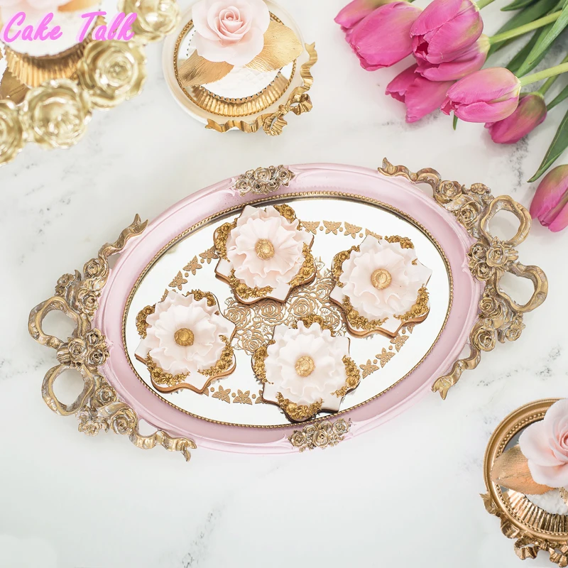 Европейский Винтажный зеркальный поднос для торта, старинная десертная тарелка, розовый/белый цвет, для хранения косметики, конфета, украшение, инструмент для торта