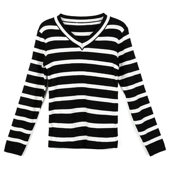 

new autumn winter new coat collar stripe base sweater long-sleeved joker woman sweaters and pullovers v-neck striped top