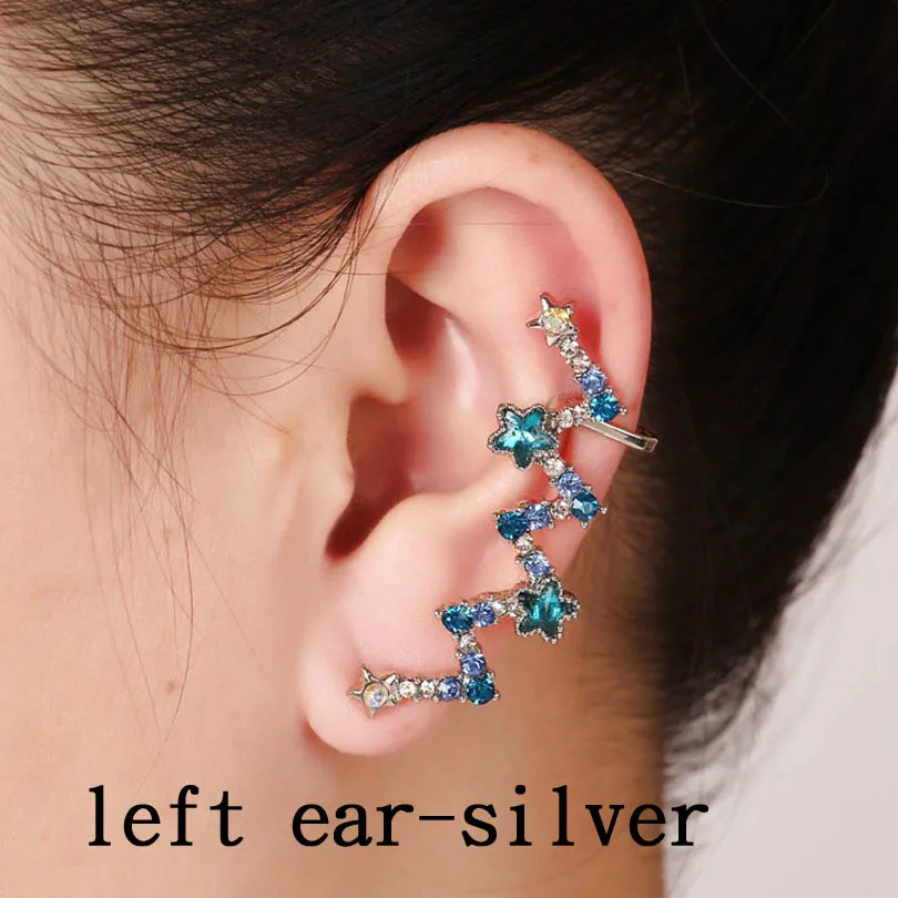 Женские вечерние серьги-каффы в богемном стиле, в подарок, стразы, заполненные синими кристаллами и звездами, позолоченные сережки-клипсы - Окраска металла: Left ear silver