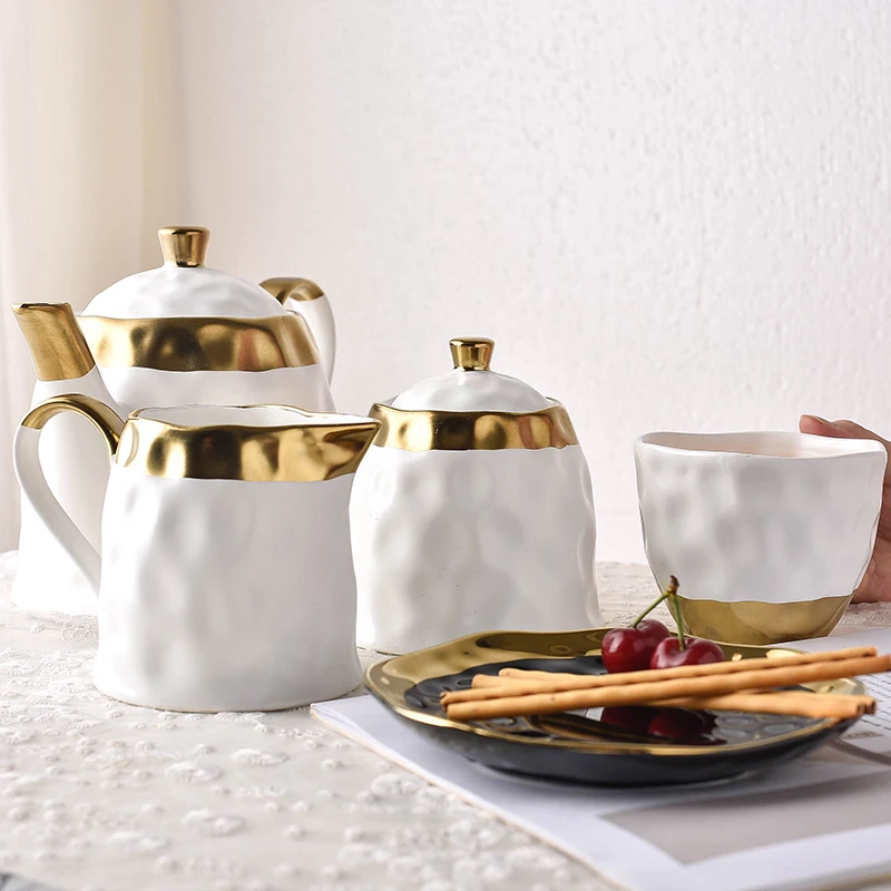 Европейский стиль, короткая позолоченная керамическая фарфоровая ароматная кофейная кружка с блюдцем, без свинца, чайный горшок, сахарные банки, чайник для молока, подарок