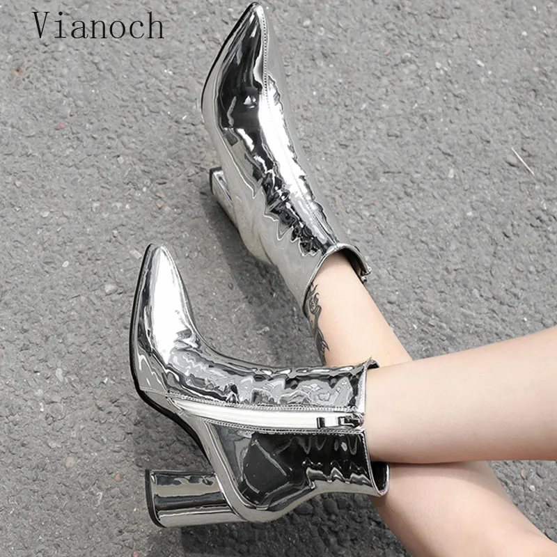 

Fashion New Ankle Boots Women Sexy High Heels Pointed Toe Shoes Woman Patent Faux Leather Shoe wo1808160