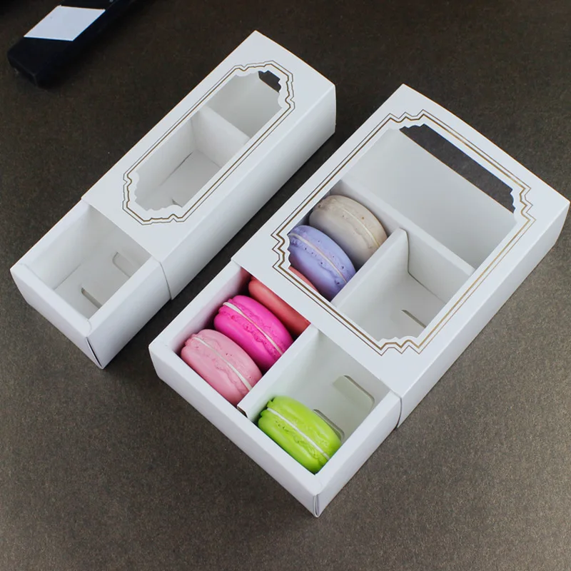 

12pcs 2 sizes Transparent Paper Drawer Type Macaron Box White paperboard tranparent PVC Window Macaron Chocolate packaging boxes