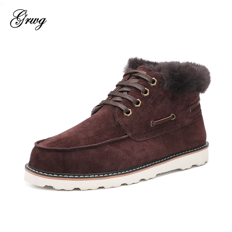 

GRWG Fashion Beckham snow boot for men lace-up winter shoes real leather nature wool fur ankle short boots free shipping