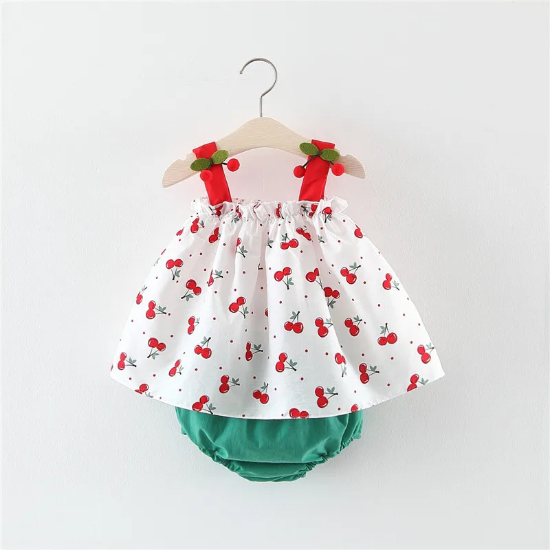 

Newborn Baby Girls Clothes Sleeveless Dress+Briefs Shorts 2PCS Outfits Set Cherry Printed Cute Clothing Sets Summer Sunsuit 0-2Y