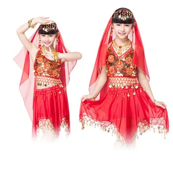 

Performance Indian Bollywood Dancing 4-piece Set Coins Headpiece, Top, Skirts for kids Gold Bracelet Children Indian Costume