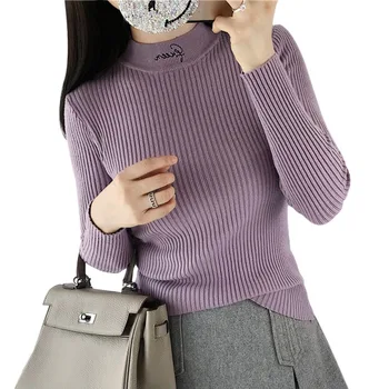 

Women Letter Knitted Embroidery Sweater Fashion Turtleneck Elasticity Jumper Autumn Winter Pullovers Casual Slim Warm Sweater