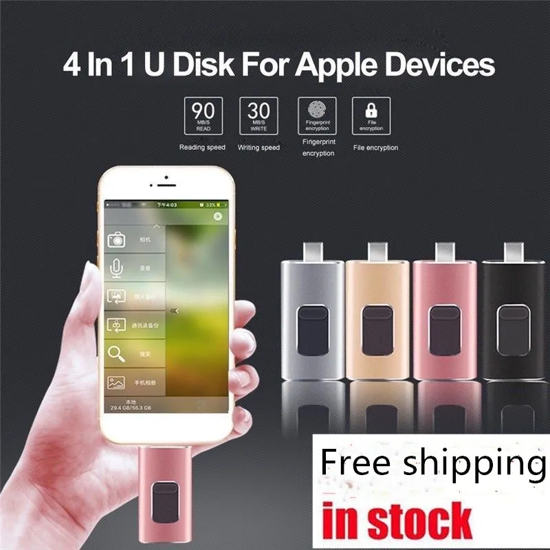 Лидер продаж! OTG USB флеш накопитель 16 Гб/32 ГБ/64 Гб/128 ГБ/256 ГБ 4 в 1 для iOS iPhone6S 7Plus8 X Android Type C Multi Func|USB