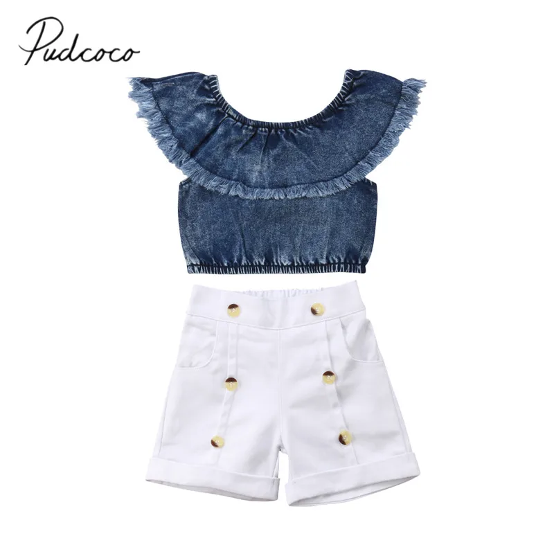 

2018 Brand New Toddler Baby Girl Clothes Sets 2PCS Short Petal Sleeve Denim Color T-Shirt Tops+White Shorts Fastener Outfit 1-6Y