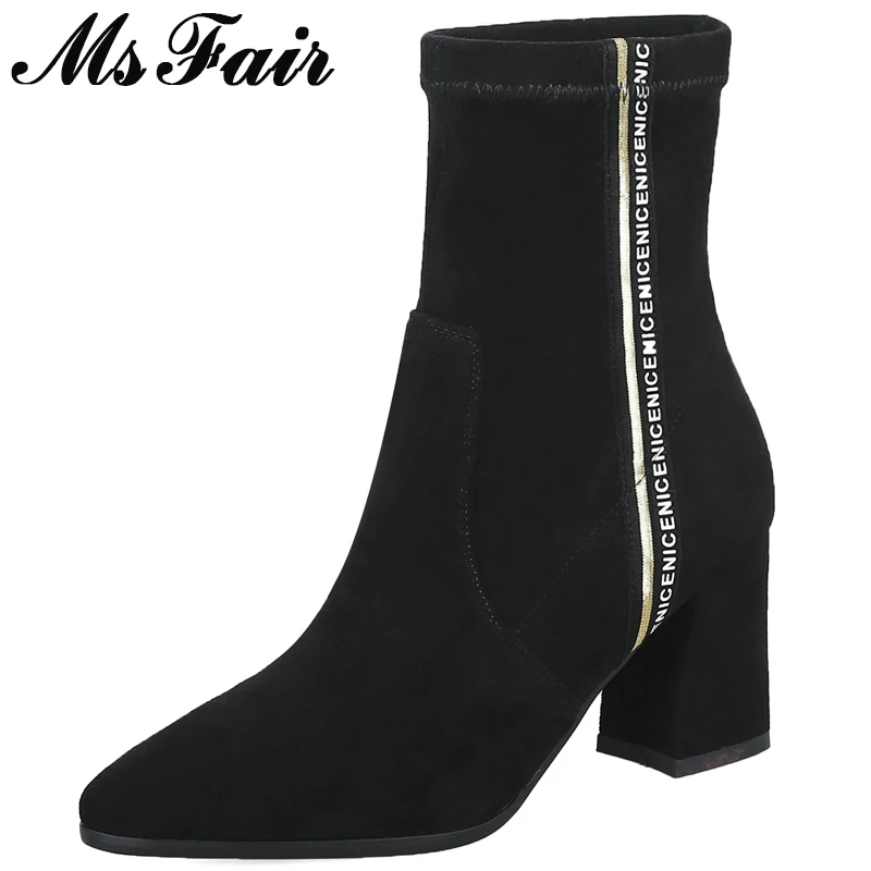 

MSFAIR Women Boots 2018 Hot Selling Letter Ankle Boots Women Shoes Pointed Toe High Heel Boot Shoes Square Heel Boots For Girl