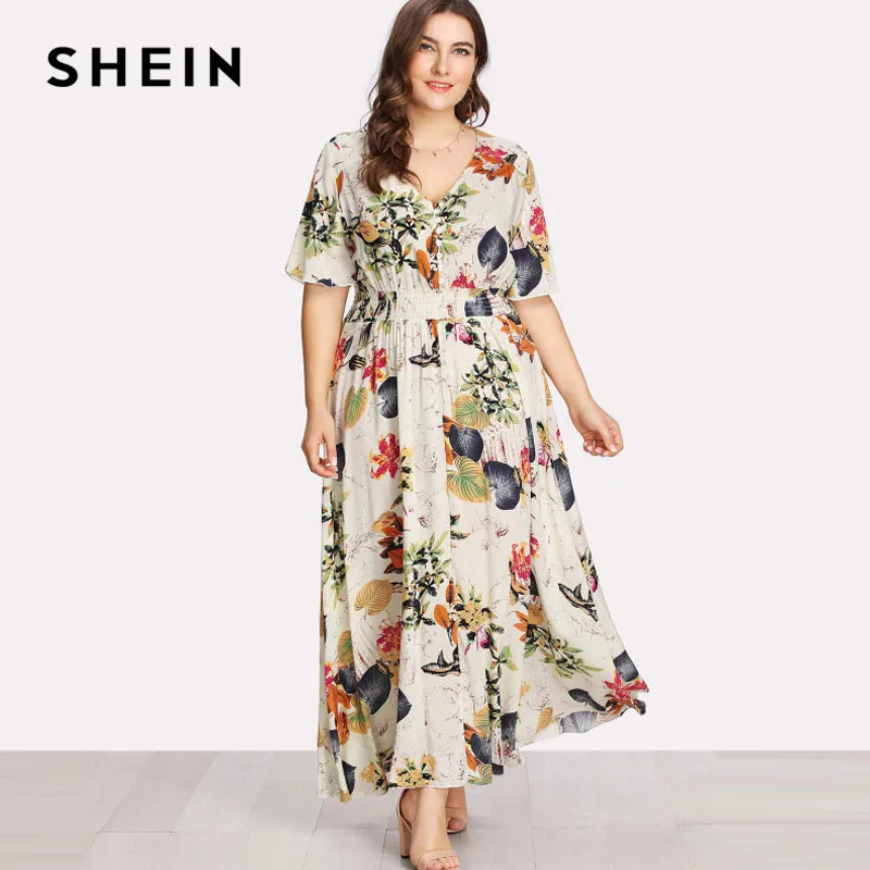 Comprar Shein floral más tamaño blanco vestido mujeres