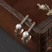 S925 silver retro Thai silver craft earrings silver inlaid pearls simple fashion earrings s925 filaments shaolan craft silver inlaid huang yusui pendant in front of blessing silver supply
