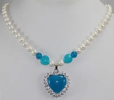 

Charming White Pearl Blue Heart Shape Jade Pendant Necklace