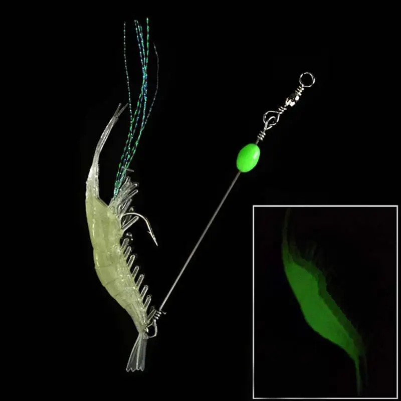 PVC Artificial Fishing Lure Bionic Shrimp Soft Bait Fishing Tackle with Hook Noctilucent Luminous Night Glow Bead