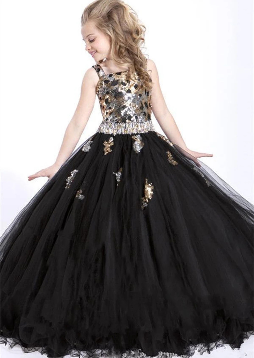 Black Organza Floor Length Ball Gown Girls Pageant Dresses Flower Girl