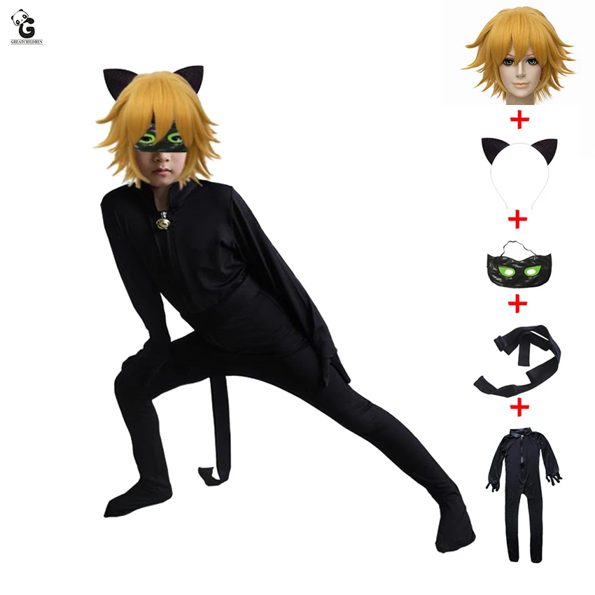 Boy Clothing Cat Noir Cosplay Costume Sets Halloween Christmas Ladybug Jumpsuit Adrien Marinette Party Clothes 5PCS